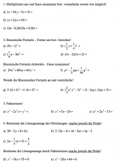 Arbeitsblätter zu den binomischen Formeln