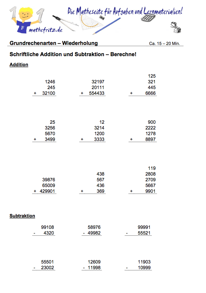 Schriftliche Addition Subtraktion Klasse 5 | Arbeitsblätter von Mathefritz
