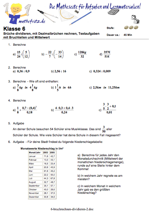 Matheaufgaben Arbeitsblatt Klasse 6