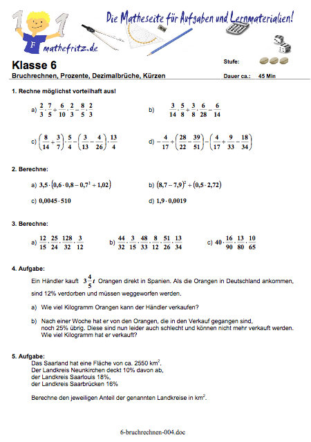 Matheaufgaben Arbeitsblatt Klasse 6