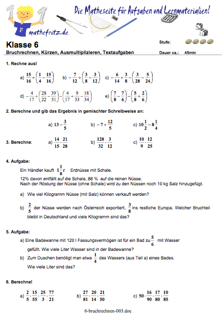 Matheaufgaben Arbeitsblatt Klasse 6