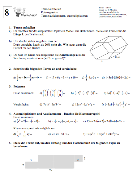 Matheaufgaben Arbeitsblatt Klasse 8 Klassenarbeit Terme