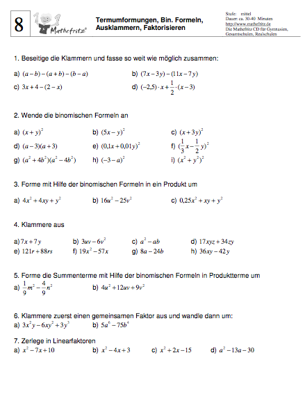 Matheaufgaben Arbeitsblatt Termumformungen Klasse 8 zum Ausdrucken