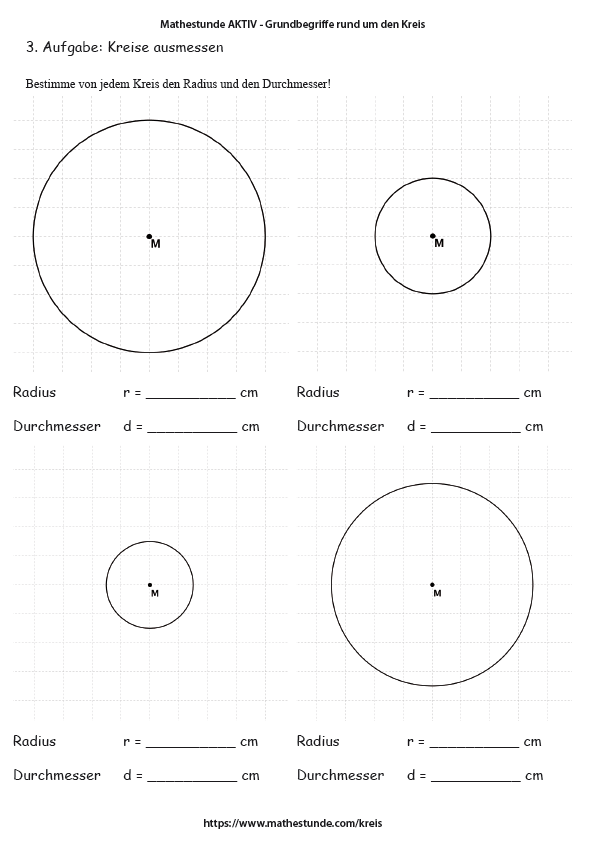 Arbeitsblatt zum Kreis - Kreis Radius und Durchmesser ausmessen