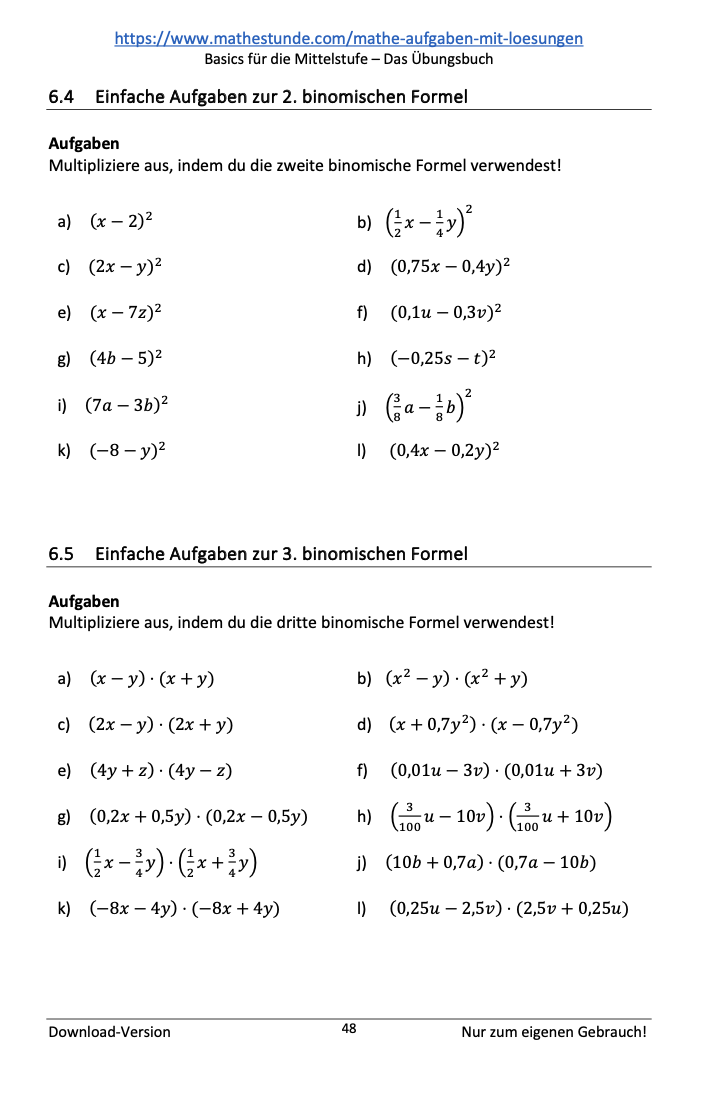 Mathe Aufgaben binomische Formeln Beispiel