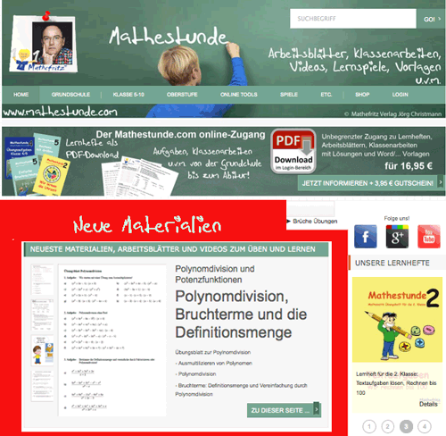 Neue Arbeitsblätter auf der Startseite von mathestunde.com
