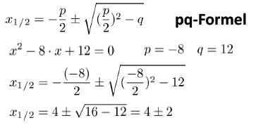 Die PQ-Formel auf das Beispiel angewendet