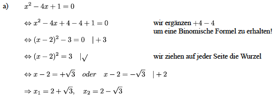 Lösung mit der quadratischen Ergänzung einer quadratischen Gleichung