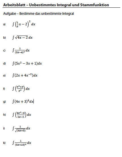 Arbeitsblatt unbestimmtes Integral