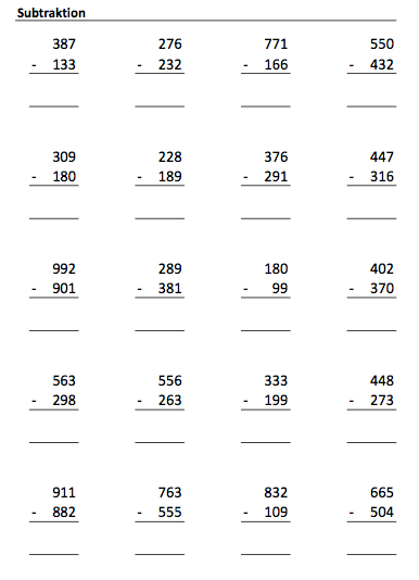 Arbeitsblatt Subtraktion Klasse 3: 2 Zahlen schriftlich subtrahieren