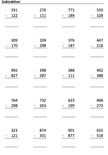 schriftlich Subtrahieren Arbeitsblatt Klasse 3 zum Ausdrucken