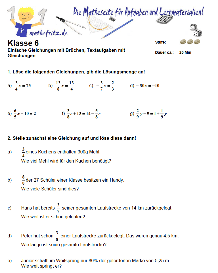 Brüche Mathe Arbeitbletter Klasse 6 - Klasse als vorlage ...