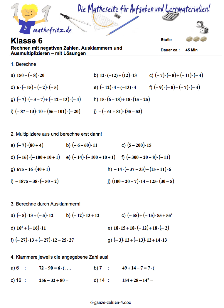 Mathe übungen klasse 6