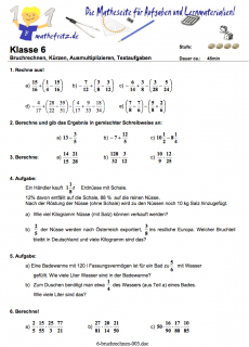 Bruchrechnen Klasse 6 Klassenarbeit zum Ausdrucken