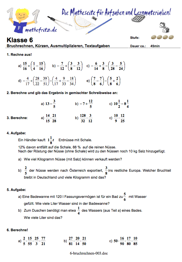 Bruchrechnen Aufgaben | Aufgaben zur Bruchrechnung