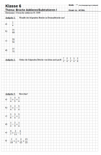 Arbeitsblatt Bruchrechnung in Klasse 5 und 6