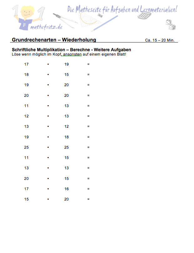 Multiplikation Division Klasse 5: Aufgaben Multiplikation + Division