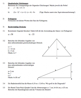 Arbeitsblätter und Klassenarbeiten zum Satz des Pythagoras