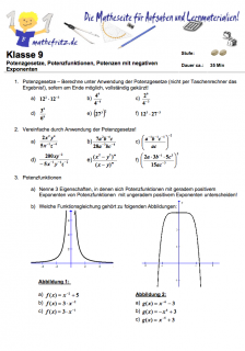 Arbeitsblätter und Klassenarbeiten zu Potenzgesetzen und Potenzfunktionen