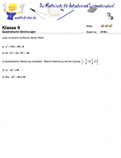Arbeitsblätter quadratische Gleichungen
