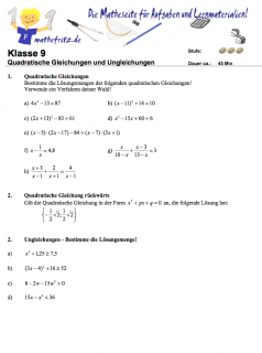 Klassenarbeit Quadratische Gleichungen lösen