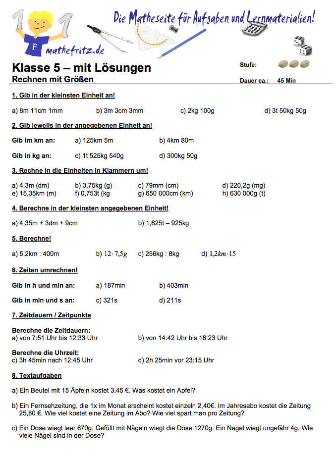 Mit Größen rechnen in Klasse 5: Arbeitsblätter zum Rechnen mit Größen