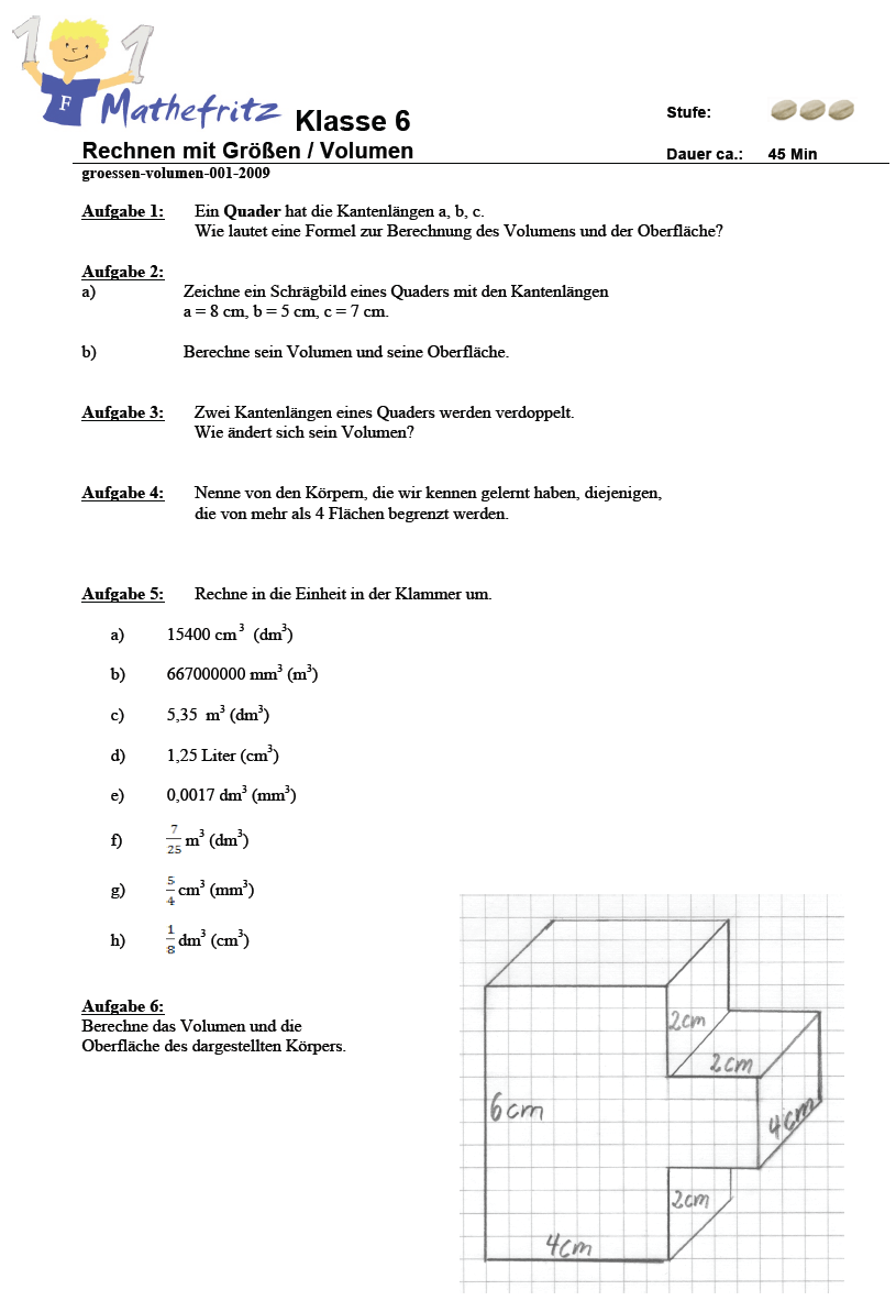 Aufgaben Volumen Quader Wüerfel: Matheaufgaben Klasse 6
