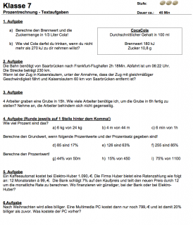 Klassenarbeit mit Textaufgaben zur Prozentrechnung