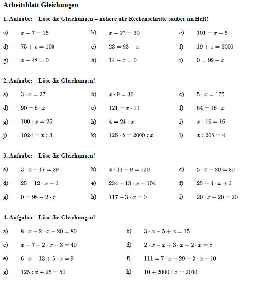 Gleichungen lösen, Aufgaben zum ausdrucken online