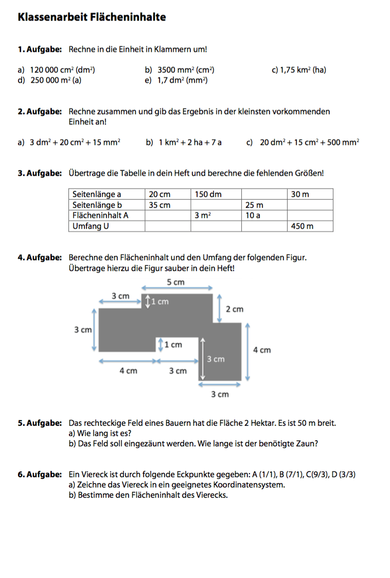 Klassenarbeit Flacheninhalt Berechnen Arbeitsblatt Ausdrucken Mathefritz