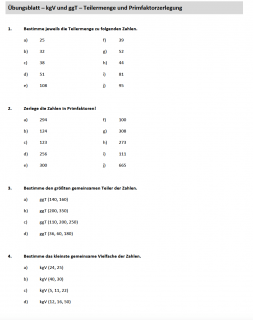 Arbeitsblatt ggT kgV und Primfaktorzerlegung