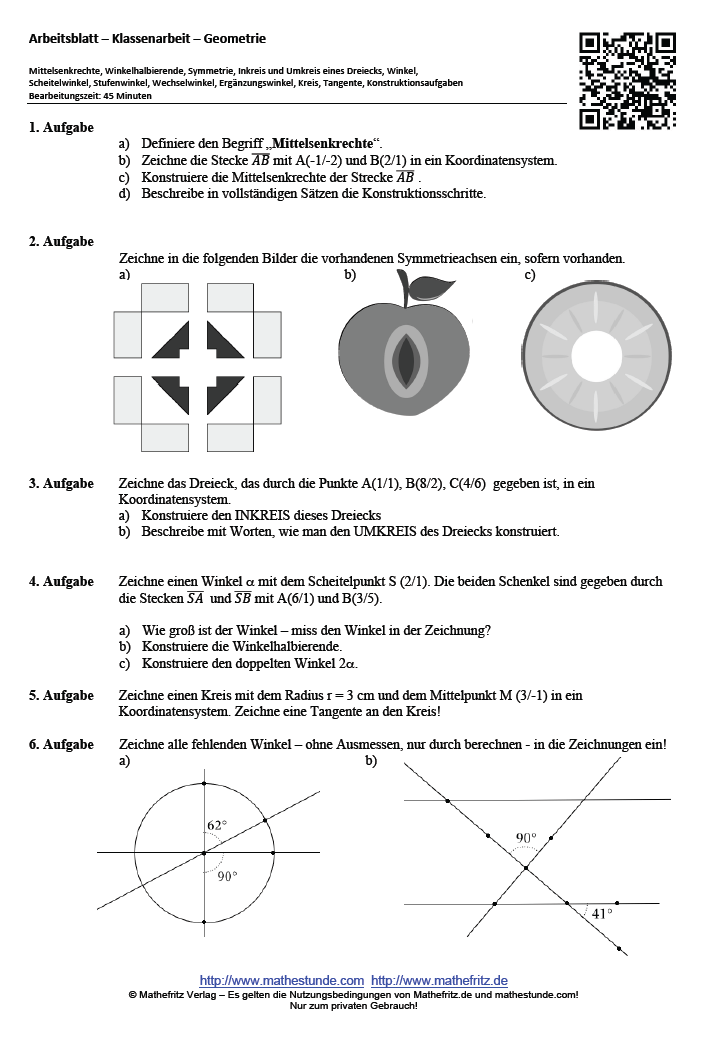 Geometrie Arbeitsblatt Klasse 7 | Symmetrie, Dreiecke, Winkel