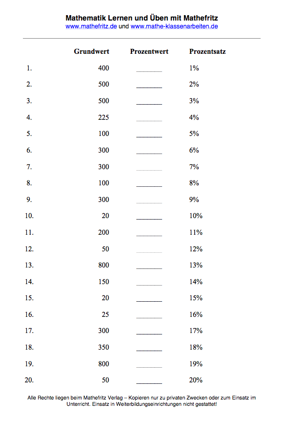 Arbeitsblatt Prozentwert 1 Klasse 7 zum Ausdrucken