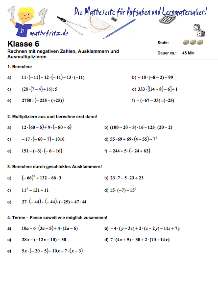 Matheaufgaben Arbeitsblatt Klasse 6 Ausklammern